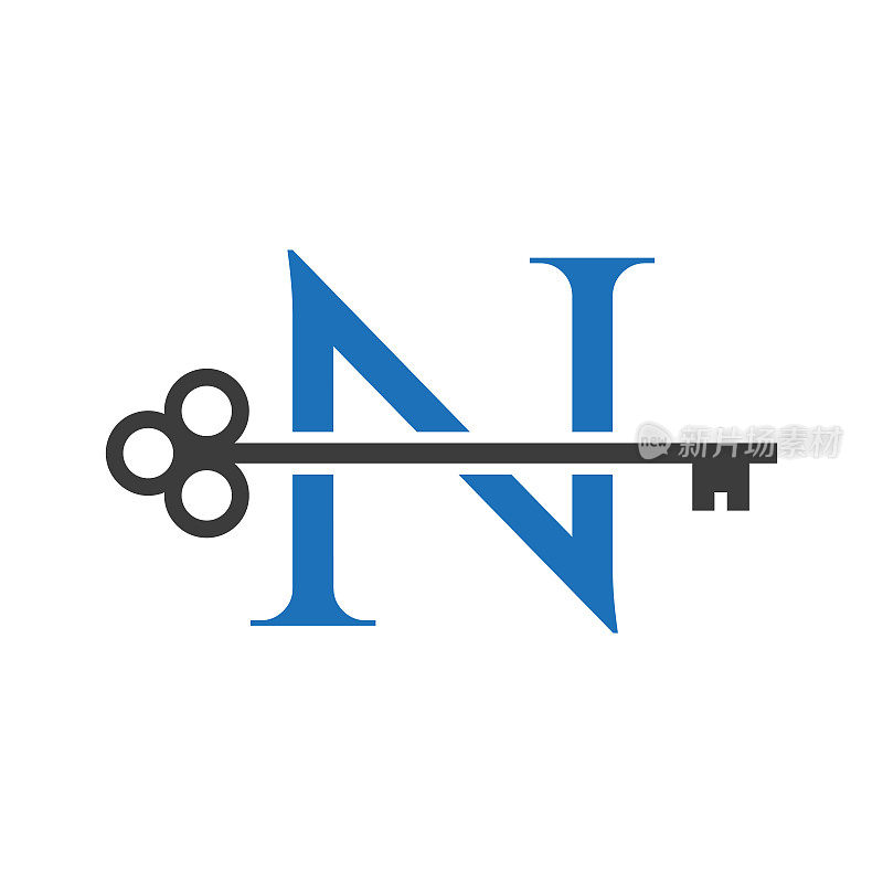 字母N房地产标志概念与Home Lock键向量模板。豪华家居标志关键标志